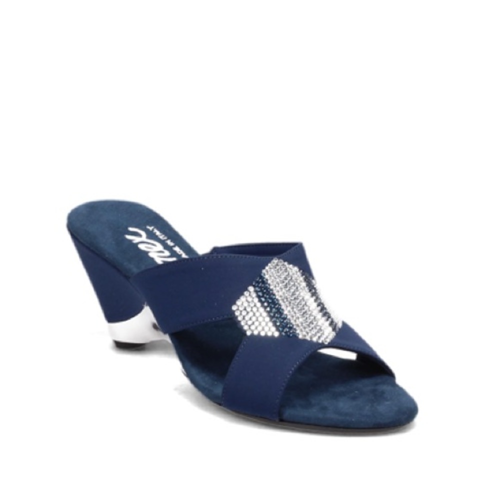 Onex‎ style Antonia Crisscross Rhinestone Mid Heel wedge Size 8 color navy
